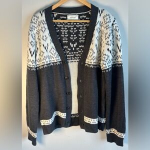 Frank & Oak Sweater Mens L Cardigan Fair Isle Gray White Blend Wool Casual
